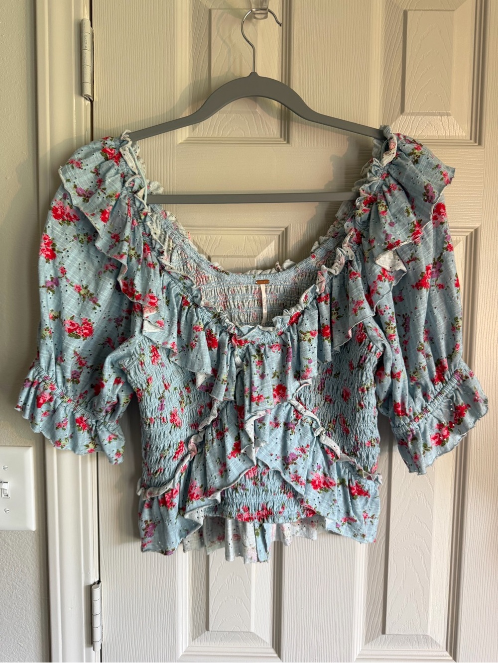 Free People Sky Blue Floral Ruffle Smocked Blouse